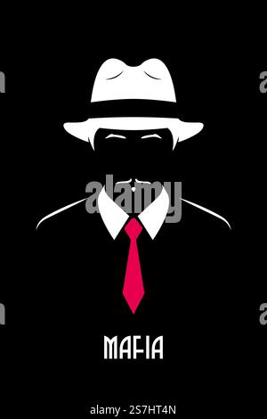 Italienischer Mafioso. Ein Gangster aus Chicago. Genleman mit weißem Fedora-Hut und roter Krawatte. Schwarzweiß-Vektordarstellung. Stock Vektor
