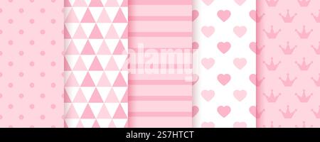 Hintergrund Ihres Babys. Nahtloses Pink Girl-Muster. Pastellfarbene geometrische Texturen. Abbildung. Hintergründe für Mädchen. Nahtlose Muster für Babyduschen. Vektorabbildung. Stock Vektor
