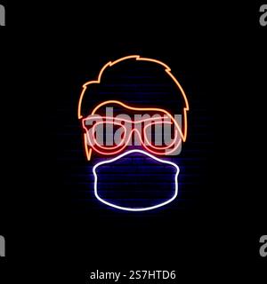 Schutzmaske Neonschild. Mann mit schützender medizinischer Maske und Brille. Vector-Design im trendigen Neon-Stil. Stock Vektor