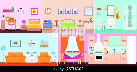 Inneneinrichtung des Zimmers. Vektor. Wohnzimmer, Schlafzimmer, Badezimmer, Kinderzimmer, Esszimmer, Küche in flachem Design. Zuhause innen. Cartoon-Wohnwohnung mit Fenster. Haus Hotelausstattung, Möbel. Abbildung festlegen Stock Vektor