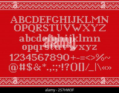 Schriftart zusammenfügen. Weihnachtsschrift auf nahtlosem Strickmuster. Vektor. Buchstaben, Zahlen, Zeichen und Symbole auf der Wollstruktur. Lateinisches Alphabet. Weihnachten hässlicher Hintergrund. Rotes weißes Retro-Motiv. Pullover-Muster. Schriftart zusammenfügen. Weihnachtsschrift auf nahtlosem Strickmuster. Vektorabbildung. Stock Vektor
