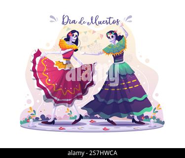 Zwei Schädeltänzerinnen, die zusammen den Todestag feiern, feiern die traditionelle mexikanische Halloween-Party Dia De Los Muertos. vektordarstellung Stock Vektor