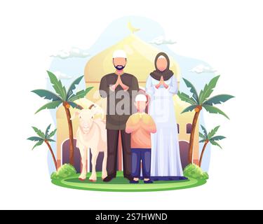 Glückliche muslimische Familie feiert Eid Al Adha Mubarak mit einer Ziege in einer Moschee. Abbildung eines flachen Vektors Stock Vektor