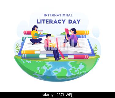 Weltliteraturtag. Die Menschen feiern den Alphabetisierungstag, indem sie Bücher lesen. Abbildung eines flachen Vektors Stock Vektor