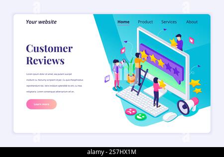Isometrisches Landing-Page-Design Konzept des Konzepts für Kundenrezensionen, Personen, die fünf Sterne bewerten und bewerten, positives Feedback. Kundenservice und Benutzererfahrung. Vektorabbildung Stock Vektor