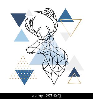 Skandinavische Hirsche im abstrakten Hintergrund. Geometrische Silhouette mit Hirschmotiv. Polygonaler Rentierkopf und Hörner. Im Scandi-Stil. Stock Vektor