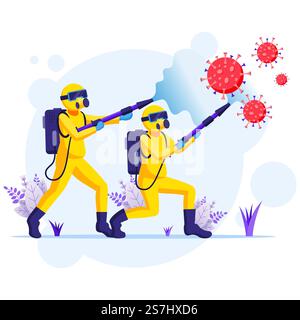 Desinfektionsmittel Arbeiter-Team in Gefahrstoffanzügen sprüht und desinfiziert Covid-19 Coronavirus-Zellen. Illustration des Konzepts Schutz vor Viren Stock Vektor