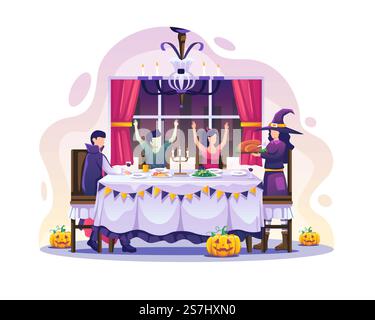 Eine Familie mit Kostümen, die an Halloween zu Abend isst. Happy Halloween Party Celebration Vektorbild Stock Vektor