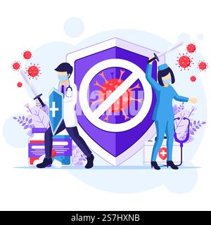 Kampf das Virus Konzept, Arzt und Krankenschwestern verwenden Schwert und Schild, um Covid-19 Coronavirus Illustration zu bekämpfen Stock Vektor