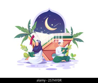 Muslimisches Paar, das den Koran liest und studiert, während des Ramadan Kareem Vektorbilds Stock Vektor