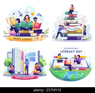 Set-Bundle des Alphabetisierungstages mit Menschen feiern den Alphabetisierungstag durch Lesen von Büchern. vektordarstellung Stock Vektor