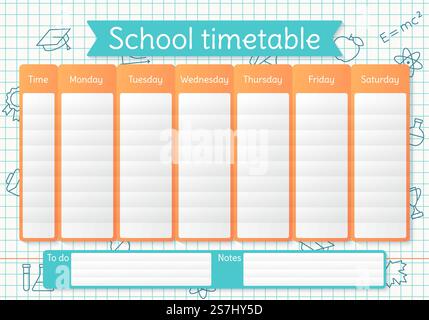 Schulplan. Zeitplan für Kinder. Wöchentlicher Zeitplan mit Lektionen. Schülerplanvorlage auf einem Blatt in einem Käfig mit linearen Schulsymbolen. Vektorabbildung. Lehrbuch auf Englisch, A4. Schulplan. Wöchentlicher Stundenplan. Vektorabbildung. Stock Vektor