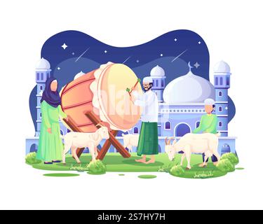 Die Leute begrüßen Eid al Adha Mubarak nachts mit einem Bärchen und ein paar Ziegen und Schafen. Abbildung eines flachen Vektors Stock Vektor