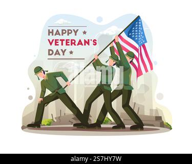 Happy Veteran&rsquo;s Day Celebration with Soldiers kämpft dafür, die US-Flagge am Veterans Day zu heben. Vektorabbildung Stock Vektor