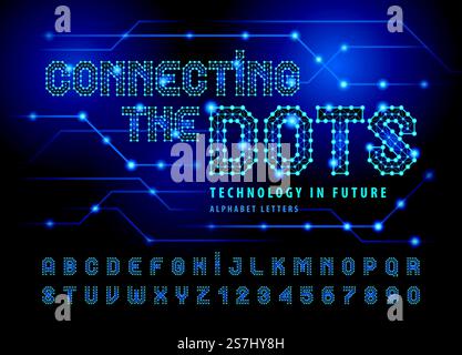 Verbinden von Linien und Punkten Alphabet Buchstaben und Zahlen, Netzwerk Verbindungspunkt Polygon Buchstaben, Technologie Struktur oder molekulare Verbindungselemente, Future Techno Stilschriften für Science-fiction, Technologie, Digital. Stock Vektor