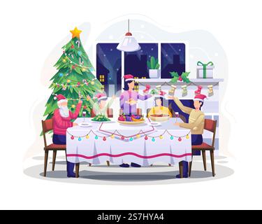 Familie feiert Neujahr frohe Weihnachtsfeiertage, die Leute sitzen am Tisch und essen in einem gemütlichen Haus mit Kamin und Weihnachtsbaum zu Abend. Vektorabbildung Stock Vektor