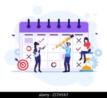 Geschäftsplanungskonzept, Leute füllen den Arbeitsplan auf einem riesigen Kalender-Flachvektorbild aus Stock Vektor