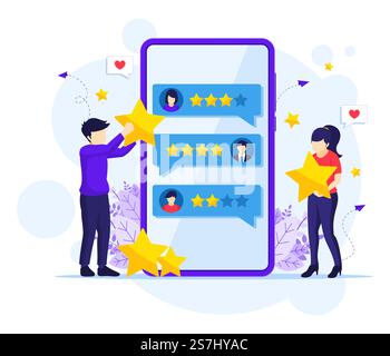 Kundenrezensionen Konzept, Personen, die Sterne bewerten, Feedback geben, Zufriedenheit und Bewertung flache Vektordarstellung Stock Vektor