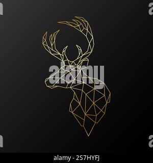 Vektorhirschkopf-Illustration in polygonaler Form. Goldene geometrische Silhouette „Deer“ auf schwarzem Hintergrund. Vektormaskottchen. Stock Vektor