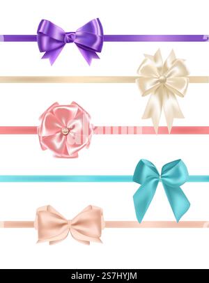 Bündel von wunderschönen realistischen Satinschleifen und Bändern verschiedener Arten und Farben isoliert auf weißem Hintergrund. Set aus eleganten dekorativen Elementen und glänzenden Präsenzdekorationen. Vektorabbildung. Bündel von wunderschönen realistischen Satinschleifen und Bändern verschiedener Arten und Farben isoliert auf weißem Hintergrund. Set aus eleganten dekorativen Elementen und glänzenden Präsenzdekorationen. Vektorabbildung. Stock Vektor