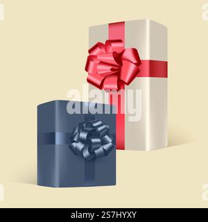 Geschenkset mit realistisch glänzenden, dekorativen roten und blauen Schleifen. Festliches Designelement für die Dekoration von Weihnachtsbanner, Geschenkkarten, Grußkarten sowie Weihnachten- und Neujahrsverkäufen. Stock Vektor