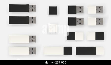 USB-Stiftlaufwerke, Schwarz-Weiß-Flash-Laufwerke. USB-Flashlaufwerke. Isoliert. Vektor. Stock Vektor