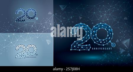 Set mit Logo zum 20. Jahrestag, Logo zum 20. Jahrestag für Feier. Technology Network Connecting Dot Polygon Geometric, abstraktes Connect Dots Tech Number Logo Stock Vektor