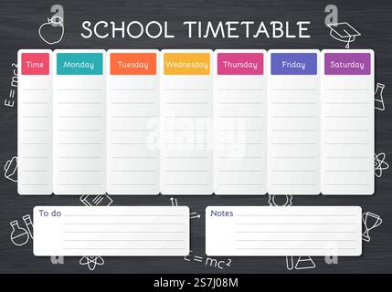 Schulplan. Zeitplan für Kinder. Schülerplan-Vorlage auf Tafel mit umrissenen Schulsymbolen. Wöchentlicher Zeitplan mit Lektionen. Vektorabbildung. Lehrbuch auf Englisch, A4. Schulplan. Fahrplan für den Unterricht an der Tafel. Vektorabbildung. Stock Vektor