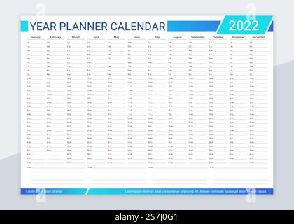 Kalenderplaner für 2022 Jahre. Tischkalender-Vorlage. Vektor. Jährlicher täglicher Organisator. Zeitplan". Kalender für 2022 Jahre. Schreibtisch Organizer Kalender. Vektorabbildung. Stock Vektor