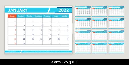 Kalenderjahr 2022. Woche beginnt Sonntag. Planer-Vorlage. Vektor. Kalenderlayout. Tabelle Zeitplan Raster. Jährlicher Schreibwarenveranstalter mit 12 Monaten. Horizontales monatliches Tagebuch. Einfache farbige Illustration. Stock Vektor