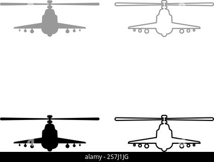 Kampfhubschrauber Angriff Militär Konzeptansicht Front Set Symbol grau schwarz Farbe Vektor Illustration Bild einfache Vollfüllung Umrisslinie dünne flache Stil. Kampfhubschrauber Angriff Militär Konzeptansicht Front Set Symbol grau schwarz Farbe Vektor Illustration Bild Solid Füllung Kontur Linie dünn flach Stil Stock Vektor