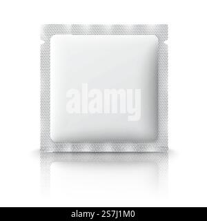 Weißer Plastikbeutel für Medizin, Kondome, Medikamente, Kaffee, Zucker, Salz, Gewürze, isoliert auf weißem Hintergrund mit Reflexion und Platz für Ihr Design und Branding. Vektorabbildung. Leere Plastiktüte für Medizin, Kondome, Medikamente, Kaffee, Zucker, Salz, Gewürze, isoliert auf weißem Hintergrund. Vektor Stock Vektor