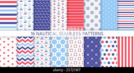 Nahtloses nautisches Muster. Vektor. Meerwasserhintergründe mit Segelboot, Anker, Rad, Streifen, Zickzack, Rettungsschwimmer. Legen Sie blaue rote Ausdrucke fest. Geometrische Texturen für Babydusche, Sammelalbum. Farbige Abbildung Stock Vektor