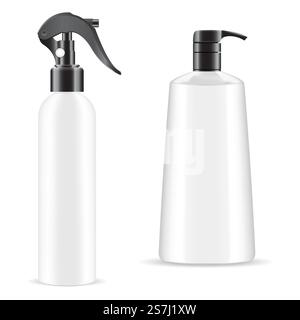 Handsprühflasche. Seifenpumpenspender Modell. 3D-Vektorpaket mit Auslöser, Pistolenspraybehälter für Deodorant, Aerosolerfrischer. Körperlotion aus Duschgel, PET Dose Vorlage, Kunststoff. Handsprühflasche. Seifenpumpenspender Modell, 3D Stock Vektor