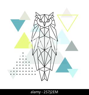 Polygonale Eule auf abstraktem Hintergrund mit Dreiecken. Poster im skandinavischen Stil. Vektorgrafik für Tiere. Stock Vektor