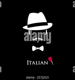 Italienischer Mafioso. Illustration Mann mit Schnurrbart und Fliege. Farbenfrohe und stilvolle flache Vektorfigur... Italienische Mafioso-Illustration. Stock Vektor