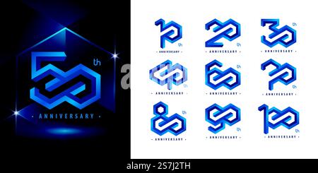Set mit 10 bis 100 Jubiläum-Logo, Years Celebrate Anniversary Logo, Hexagon Infinity Logo, abstrakte blaue Prägung Hexagon Logo für Gratulation Feier Event, Einladung, Gruß. Stock Vektor