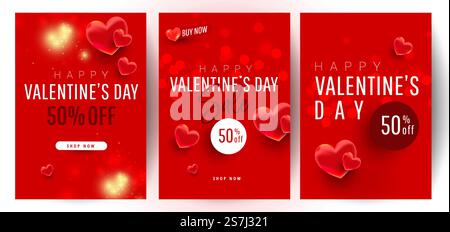 Geschenkbanner-Set mit realistischem Dekor in süßer Love-Form und 500-Dollar-Zahlen. Gutschein für Rabattkarten. Happy Valentine Day Konzept, Vektor-Illustration. Geschenkkarten-Schablonenset mit realistischem, süßem Dekor und 500-Dollar-Zahlen. Gutschein für Rabattkarten. Happy Valentine Day Konzept, Vektor-Illustration Stock Vektor