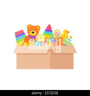 Babyspielzeug in der Box. Vektor. Kinderspielzeug auf weißem Hintergrund. Legen Sie Babysachen in einen Pappbehälter. Bunte Zeichentrickillustration. Niedliche farbige Symbole für Kinder in flachem Design. Stock Vektor