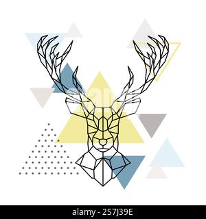 Abstrakter geometrischer Hirschkopf auf skandinavischem Hintergrund. Rentiermaskottchen. Design für Poster, Cover, Tapeten. Im Scandi-Stil. Stock Vektor