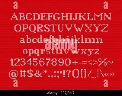 Schriftart zusammenfügen. Weihnachtsschrift auf nahtlosem Strickmuster. Vektor. Buchstaben, Zahlen, Zeichen und Symbole auf der Wollstruktur. Lateinisches Alphabet. Weihnachten Hintergrund. Pullover mit hässlichem Muster. Rotes weißes Retro-Motiv. Schriftart zusammenfügen. Weihnachtsalphabet auf nahtlosem Strickmuster. Vektorabbildung. Stock Vektor