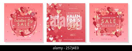 Banner zum Valentinstag mit verschiedenen Herzen und goldenen Folienelementen. Saletemplates sind perfekt für Drucke, Flyer, Banner, Werbeaktionen, Sonderangebote und vieles mehr. Vector Valentines Promos.. Vector Valentines Promos Stock Vektor