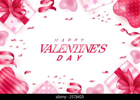 Vektorgrafik zum Happy valentine Day mit realistischen Geschenkboxen und Herzform Stock Vektor
