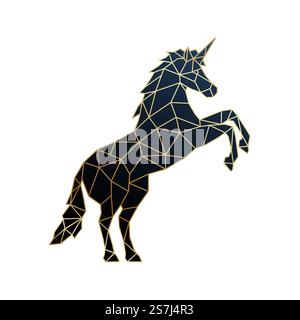 Polygonales goldenes Einhorn-Emblem. Magisches Einhorn, das auf Hinterhufen steht. Vektordarstellung. Stock Vektor
