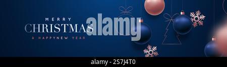 Frohe Weihnachten und Happy New Year Vector Banner. Realistische roségoldene und blaue Kugeln, Schneeflocken hängen auf dunkelblauem Hintergrund. Bewegungseffekt für Weihnachtskugeln. Luxuriöser Hintergrund. Stock Vektor