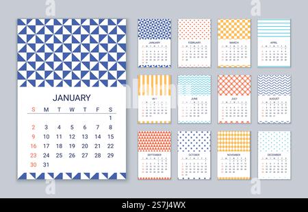 Kalender 2022. Vektor. Woche beginnt Sonntag. Kalendervorlage. Jährlicher Organisator mit 12 Monaten. Wandbild Jahresanordnung mit geometrischen Drucken. Hochformat, vertikale Ausrichtung, Englisch. Einfache Illustration. 2022-Jahreskalender. Vektorabbildung. Wandkalender in geometrischer Ausführung. Stock Vektor