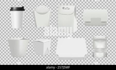 Fastfood-Paket. Realistische 3D-Vektormodelle für Lebensmittelverpackungen. Illustration Behälterpackung für Lebensmittel, realistische Pappe. Fastfood-Paket. Realistische 3D-Vektormodelle für Lebensmittelverpackungen Stock Vektor