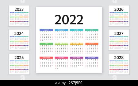 Kalender 2022, 2023, 2024, 2025, 2026, 2027, 2028 Jahre. Woche beginnt Sonntag. Kalenderlayout. Kalender 2022. Vektorabbildung. Planer für Vorlagenjahr. Stock Vektor