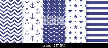 Nahtloses nautisches Muster. Marineblaues Set mit blauen Sommerdrucken. Geometrische Textur. Farbige Abbildung. Nautisches, nahtloses Muster. Vektorabbildung. Meereshintergrund. Stock Vektor
