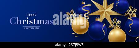 Horizontales Banner „Frohe Weihnachten und Happy New Year“. Festlicher Hintergrund mit realistischen Weihnachtskugeln, Stern und dekorativen Schneeflocken. Abbildung des Materialvektors. Stock Vektor